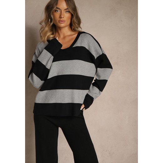 Szary Komplet z Dzianiny Spodnie Wide Leg i Sweter w Szerokie Pasy Falorella Renee ONE SIZE renee.pl