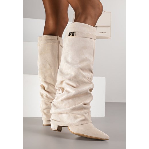 Beżowe Marszczone Kozaki na Słupkowym Obcasie z Wywiniętą Cholewką Runella Renee 39 renee.pl