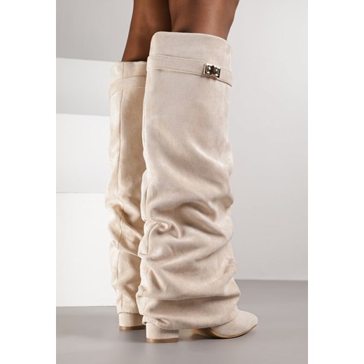 Beżowe Marszczone Kozaki na Słupkowym Obcasie z Wywiniętą Cholewką Runella Renee 38 renee.pl