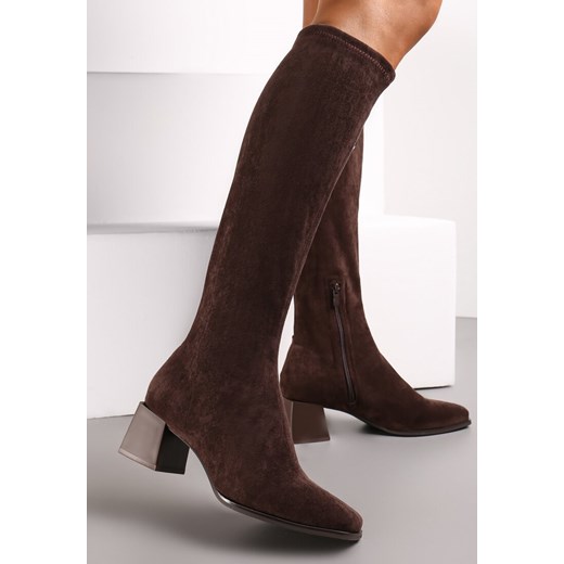 Brązowe Kozaki na Obcasie Z Dopasowaną Cholewką Haimela ze sklepu born2be.pl w kategorii Kozaki damskie - zdjęcie 186262721