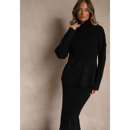 Czarny Komplet z Dzianiny z Wełną w Prążki Golf i Ołówkowa Spódnica Falirea ze sklepu renee.pl w kategorii Komplety i garnitury damskie - zdjęcie 186262941