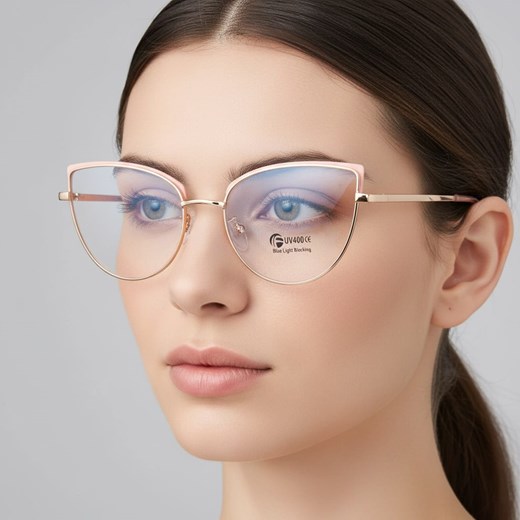 Okulary kocie do komputera damskie z filtrem BLUE Light zerówki 2586-2 złoty/róż ze sklepu Stylion w kategorii Okulary zerówki damskie - zdjęcie 186265632