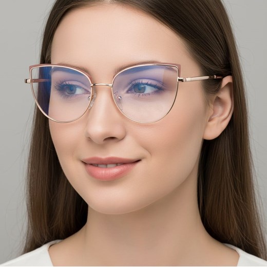 Okulary kocie do komputera damskie z filtrem BLUE Light zerówki 2586-5 złoty/brudny róż ze sklepu Stylion w kategorii Okulary zerówki damskie - zdjęcie 186265634