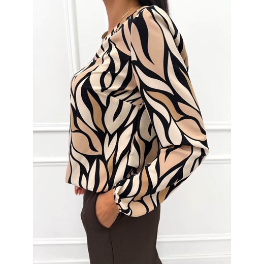 Beżowo-Czarna Bluzka ze Wzorem Modnakiecka.pl 48 ModnaKiecka.pl