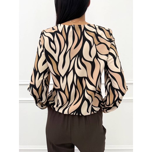 Beżowo-Czarna Bluzka ze Wzorem Modnakiecka.pl 46 ModnaKiecka.pl