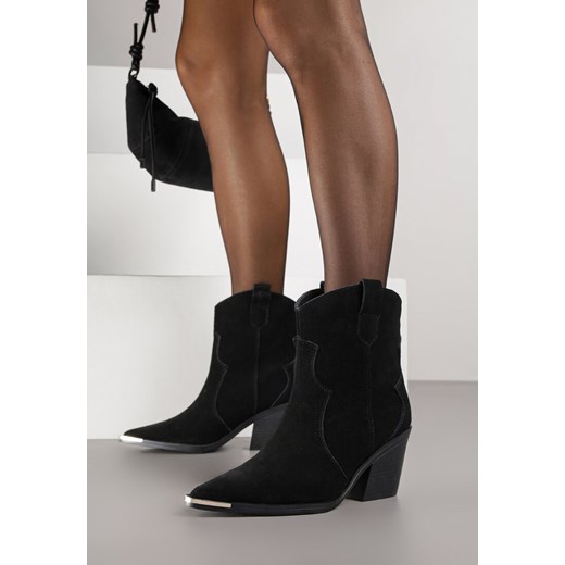 Czarne Skórzane Botki Kowbojki z Metaliczną Aplikacją na Nosku Saneara Renee 36 renee.pl