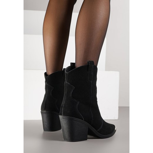 Czarne Skórzane Botki Kowbojki z Metaliczną Aplikacją na Nosku Saneara Renee 37 renee.pl