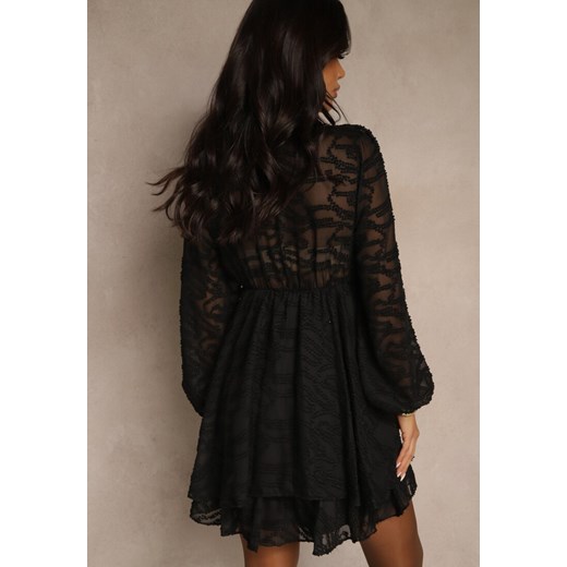 Czarna Rozkloszowana Sukienka z Siateczki z Ozdobnym Tłoczeniem Zenessalia Renee L renee.pl