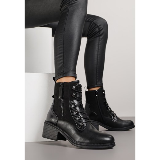 Czarne Botki Trzewiki na Klockowym Obcasie Zdobione Suwakiem Salittea 37 born2be.pl