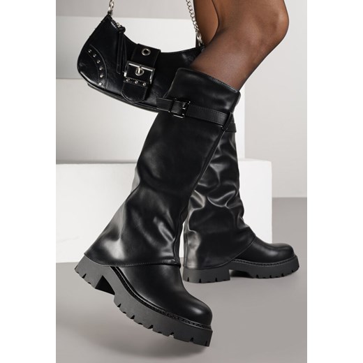 Czarne Marszczone Kozaki VICES z Wywiniętą Cholewką z Klamerką Talles ze sklepu born2be.pl w kategorii Kozaki damskie - zdjęcie 186279690