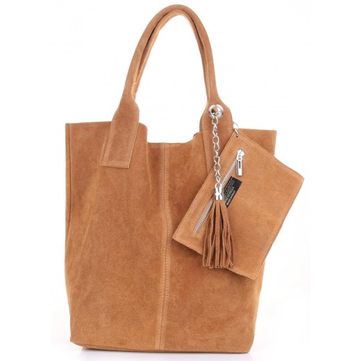 Włoska Torebka Skórzana Shopper bag Zamsz Naturalny Ruda Other One Size PaniTorbalska promocja