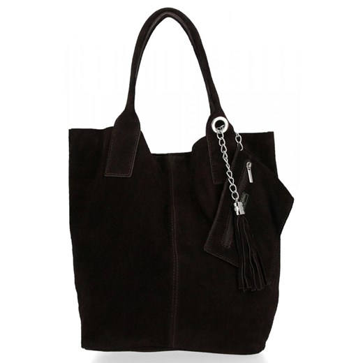 Włoska Torebka Skórzana  Shopper bag Zamsz Naturalny Czekolada Other One Size okazyjna cena PaniTorbalska
