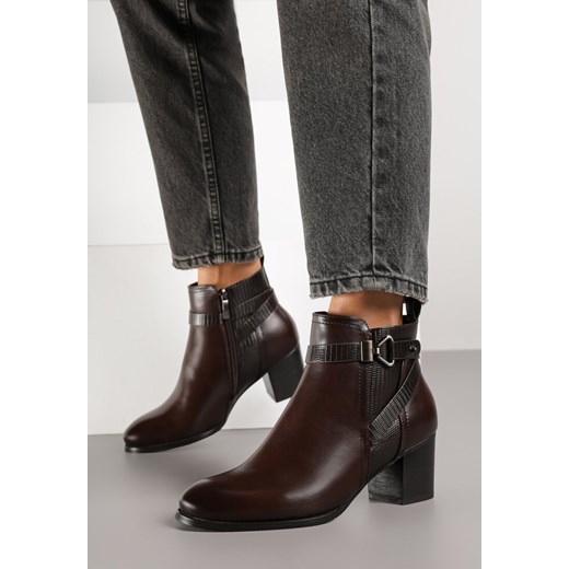 Brązowe Botki na Słupku z Metaliczną Aplikacją przy Cholewce Tulianis ze sklepu born2be.pl w kategorii Botki - zdjęcie 186282741