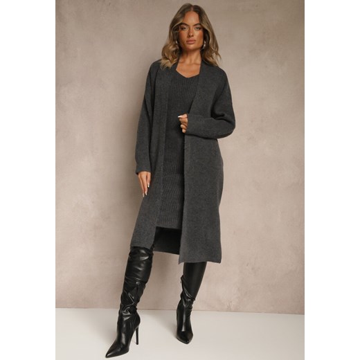 Ciemnoszary Dzianinowy Komplet z Wełną Prążkowana Sukienka i Długi Kardigan Falonessa ze sklepu renee.pl w kategorii Komplety i garnitury damskie - zdjęcie 186283232