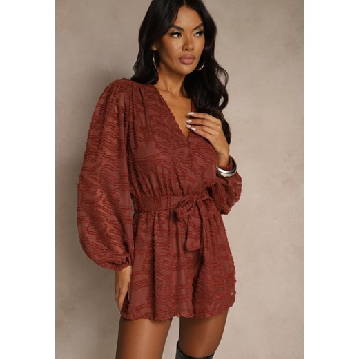 Brązowy Siateczkowy Kombinezon z Wiązanym Paskiem i Krótkimi Nogawkami Zenelle ze sklepu renee.pl w kategorii Kombinezony damskie - zdjęcie 186285842