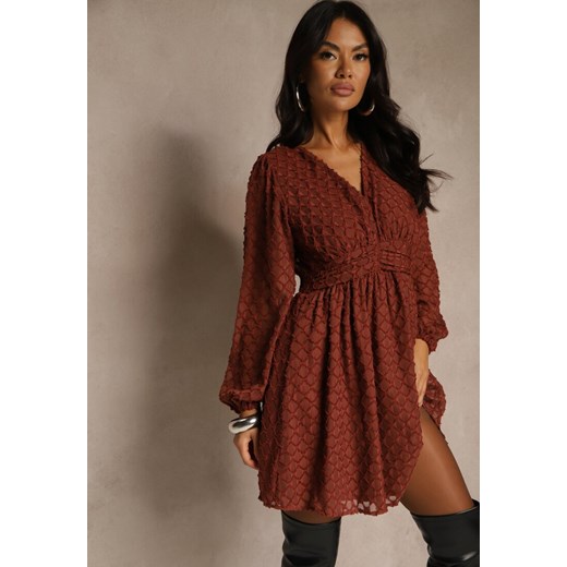 Brązowa Sukienka z Tkaniny Plumeti o Rozkloszowanym Kroju z Dekoltem V Zenarela ze sklepu renee.pl w kategorii Sukienki - zdjęcie 186285852