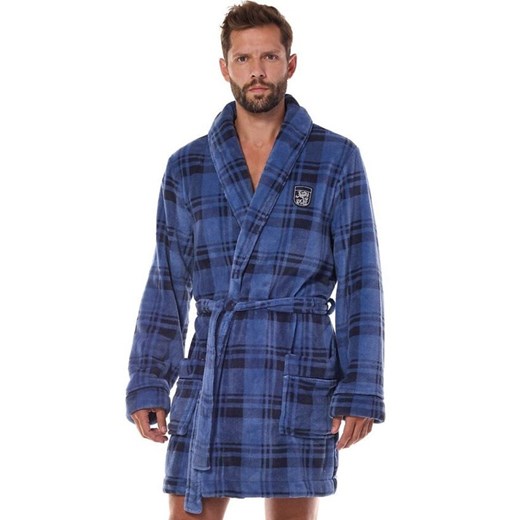 Krótki szlafrok męski niebieski 2456, Kolor niebieski-kratka, Rozmiar L, L&amp;L ze sklepu Primodo w kategorii Szlafroki męskie - zdjęcie 186295623