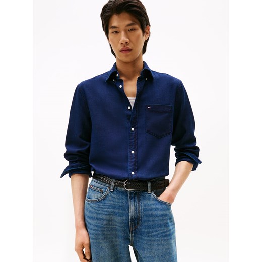 Tommy Hilfiger Męska koszula casual Mężczyźni Regular Fit Bawełna indygo jednolity ze sklepu vangraaf w kategorii Koszule męskie - zdjęcie 186299570
