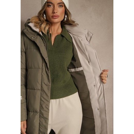 Ciemnozielona Pikowana Kurtka o Długim Kroju z Kapturem i Suwakami po Bokach Renee XL renee.pl