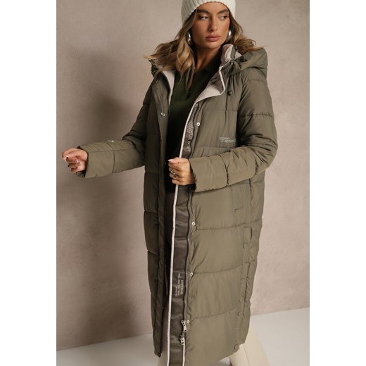 Ciemnozielona Pikowana Kurtka o Długim Kroju z Kapturem i Suwakami po Bokach Tevitte ze sklepu renee.pl w kategorii Kurtki damskie - zdjęcie 186302441
