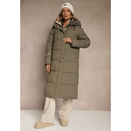 Ciemnozielona Pikowana Kurtka o Długim Kroju z Kapturem i Suwakami po Bokach Renee L renee.pl