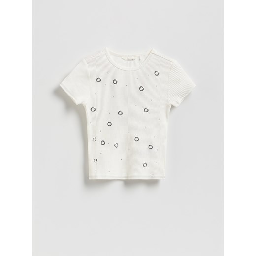 Reserved - Bawełniany t-shirt z aplikacją - złamana biel ze sklepu Reserved w kategorii Bluzki dziewczęce - zdjęcie 186305322
