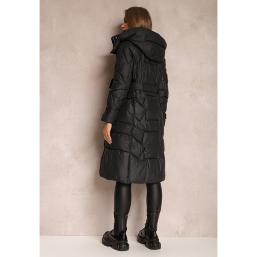 Czarna Kurtka Pikowana Długa z Paskiem i Saszetką Cythine Renee 2XL renee.pl