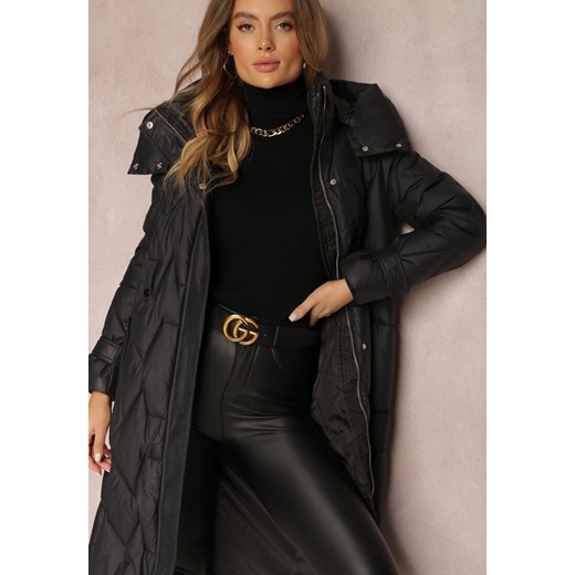 Czarna Kurtka Pikowana Długa z Paskiem i Saszetką Cythine Renee XL renee.pl
