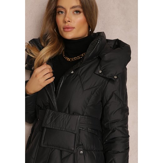 Czarna Kurtka Pikowana Długa z Paskiem i Saszetką Cythine Renee M renee.pl