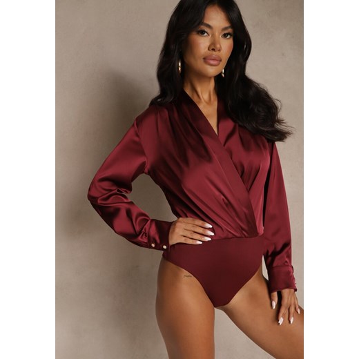 Bordowe Kopertowe Body z Satyny Violsova ze sklepu renee.pl w kategorii Body damskie - zdjęcie 186312284