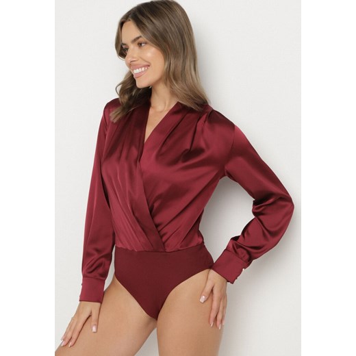 Bordowe Satynowe Body z Kopertowym Dekoltem Violila ze sklepu born2be.pl w kategorii Body damskie - zdjęcie 186312412