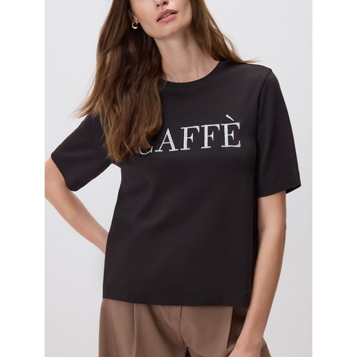 Reserved - T-shirt z haftowanym napisem - ciemnobrązowy ze sklepu Reserved w kategorii Bluzki damskie - zdjęcie 186312734