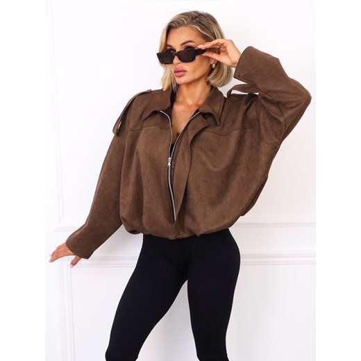 KURTKA OVERSIZE Z IMITACJI ZAMSZU ZAPINANA NA ZAMEK- CZEKOLADOWA ze sklepu olika.com.pl w kategorii Kurtki damskie - zdjęcie 186319322