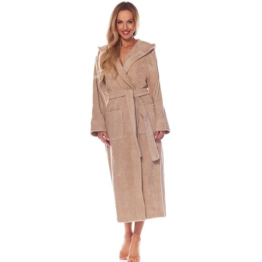 Długi szlafrok damski z kapturem beżowy 2102, Kolor beżowy, Rozmiar L, L&amp;L ze sklepu Primodo w kategorii Szlafroki damskie - zdjęcie 186325792