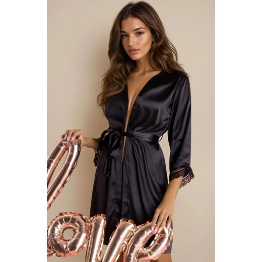 Satynowy szlafrok damski czarny i stringi Ariladyen Black LC 90568, Kolor czarny, Rozmiar S/M, LivCo Corsetti Fashion ze sklepu Intymna w kategorii Szlafroki damskie - zdjęcie 186327282