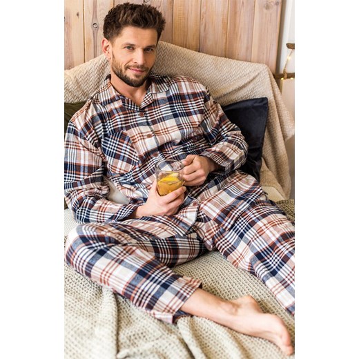 Flanelowa piżama męska w kratę MNS 443, Kolor beżowo-grafitowy, Rozmiar M, Key ze sklepu Intymna w kategorii Piżamy męskie - zdjęcie 186327524