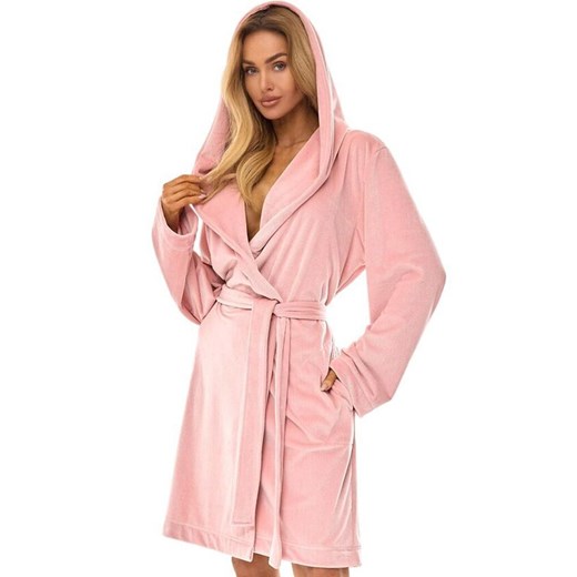 Krótki szlafrok damski z kapturem 2509 Luna, Kolor róż pudrowy, Rozmiar M, L&amp;L ze sklepu Intymna w kategorii Szlafroki damskie - zdjęcie 186327572