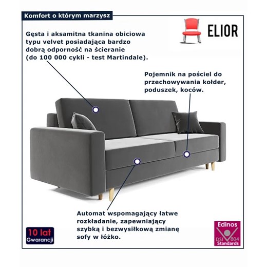 Szara welurowa sofa rozkładana z pojemnikiem N6-H25 Elior Edinos.pl