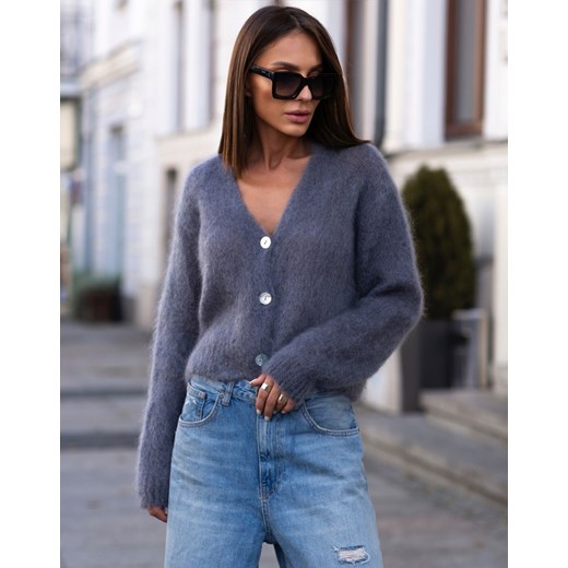 FORSETI Sweter Kid Moher W Serek na Guziki Szary  , Rozmiar: Uniwersalny ze sklepu forseti.net.pl w kategorii Swetry damskie - zdjęcie 186336991