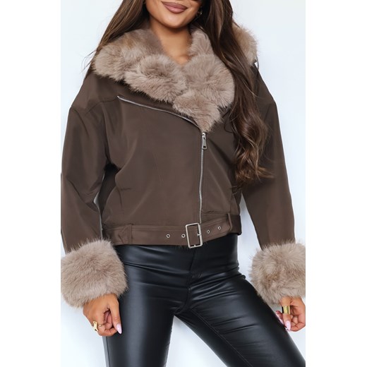 ocieplana matowa kurtka ramoneska positano na misiu z kołnierzem i futrem - mokka czekolada ze sklepu STYLOWO w kategorii Kurtki damskie - zdjęcie 186340031