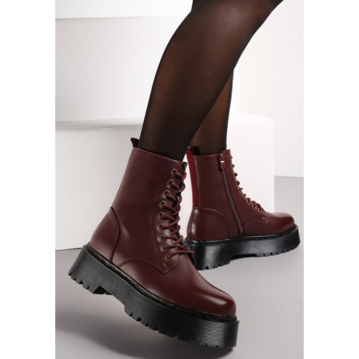 Bordowe Botki Workery na Platformie ze Sznurowaniem Ixuelli ze sklepu born2be.pl w kategorii Workery damskie - zdjęcie 186340100