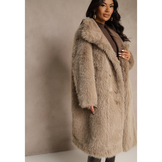 Ciemnobeżowy Dwurzędowy Płaszcz Futerko o Dwustronnym Kroju z Kołnierzem Nalaneva ze sklepu renee.pl w kategorii Płaszcze damskie - zdjęcie 186342341