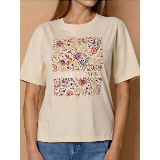 Sinsay - Bawełniana koszulka z nadrukiem - beżowy ze sklepu Sinsay w kategorii Bluzki damskie - zdjęcie 186342994