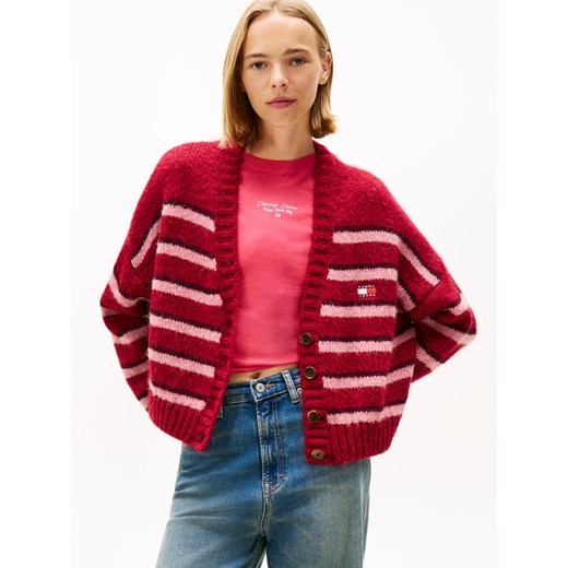 Tommy Jeans Damski kardigan z zawartością alpaki Kobiety malinowy w paski ze sklepu vangraaf w kategorii Swetry damskie - zdjęcie 186343390