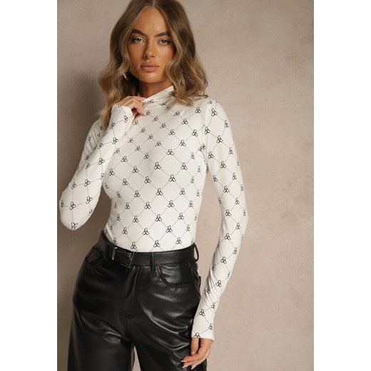 Biała Bluzka Longsleeve Półgolf z Bawełny Ozdobiona Geometrycznym Nadrukiem Zantila ze sklepu renee.pl w kategorii Bluzki damskie - zdjęcie 186343600