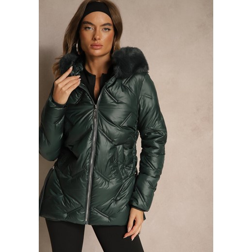 Ciemnozielona Kurtka z Ozdobnym Pikowaniem i Kapturem z Futrem Naliavea ze sklepu renee.pl w kategorii Kurtki damskie - zdjęcie 186343650