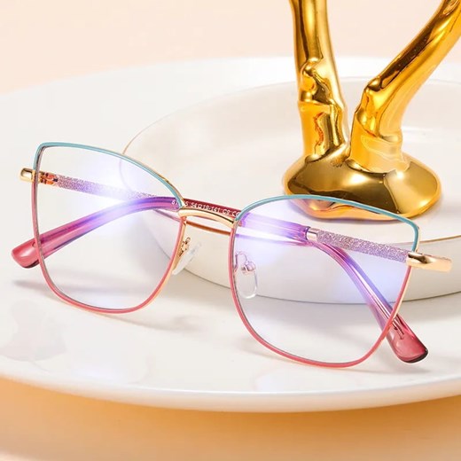 Damskie okulary Kocie Oczy zerówki do komputera BLUE LIGHT na teleskopach 25156G Turkus/Róż/Złoty ze sklepu Stylion w kategorii Okulary zerówki damskie - zdjęcie 186349700