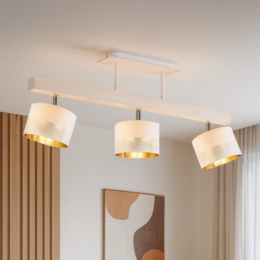 Biała lampa sufitowa 3-punktowa na drewnianej listwie z regulacją kąta padania światła HOLLYWOOD GLAM ze sklepu Lysne w kategorii Lampy wiszące - zdjęcie 186350090
