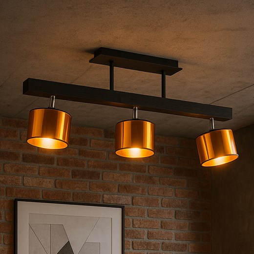 Czarny plafon sufitowy z regulacją HOLLYWOOD MIRROR na drewnianej belce - id: 8959 - marki Ciekot Partners Sp. Z O. O. - 186350223 Czarny plafon sufitowy z regulacją HOLLYWOOD MIRROR na drewnianej belce ze sklepu Lysne w kategorii Lampy wiszące - zdjęcie 186350223