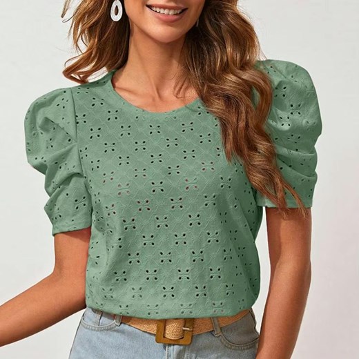 Ażurowy damski top z marszczonymi rękawami - Zielony S ze sklepu Intimica.pl w kategorii Bluzki damskie - zdjęcie 186351163